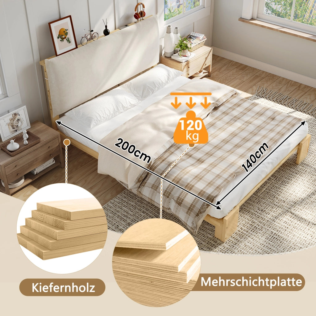 LETTO Imbottito 140x200 cm Naturale con testiera imbottita
