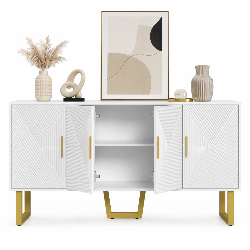 Credenza 150x40x82 cm bianca in MDF e pannello truciolare, 4 ante