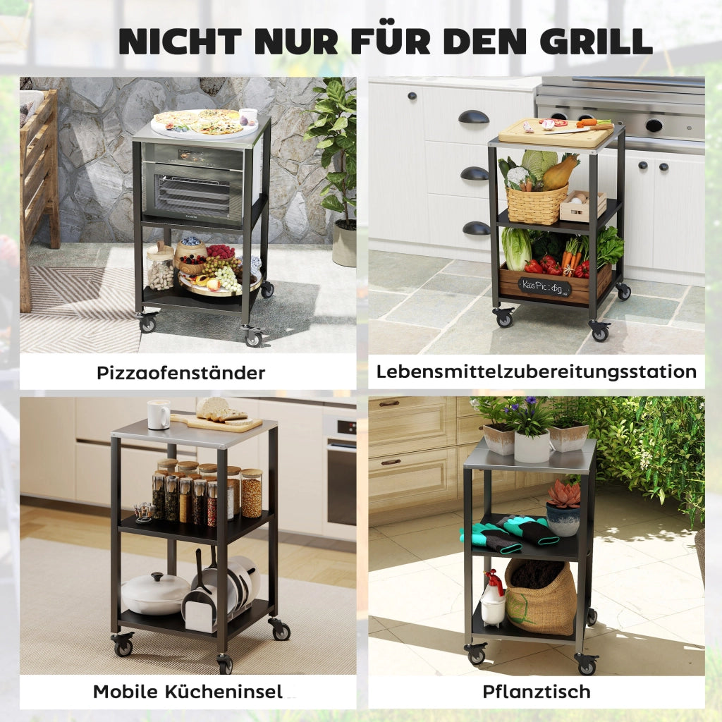 Tavolo da giardino 3 piani con ripiano in acciaio inox e ruote ¨C zephmum ¨C 50x50x90 cm nero