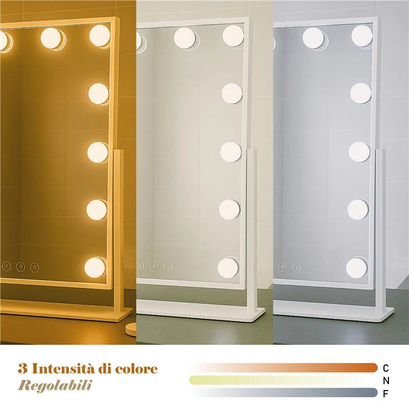 SPECCHIO RETTANGOLARE  HOLLYWOOD DA TAVOLO CON 12 LED CON 3 LUCI REGOLABILI, ACCENSIONE TOUCH CON SPINA DIMENSIONE 30X40 CM