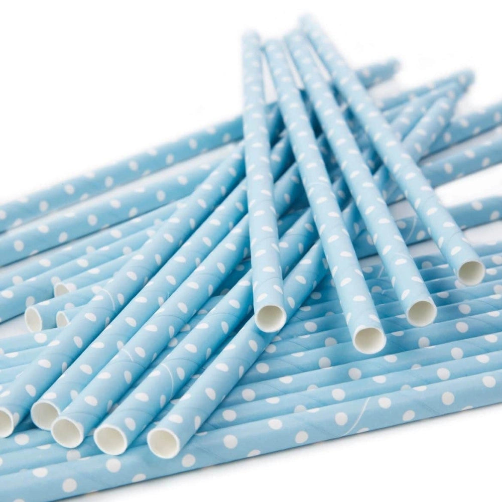 Trade Shop - Set 60 Pezzi Cannucce Azzurro Pois 20cm Carta Cannuccia Compleanno Party Festa -