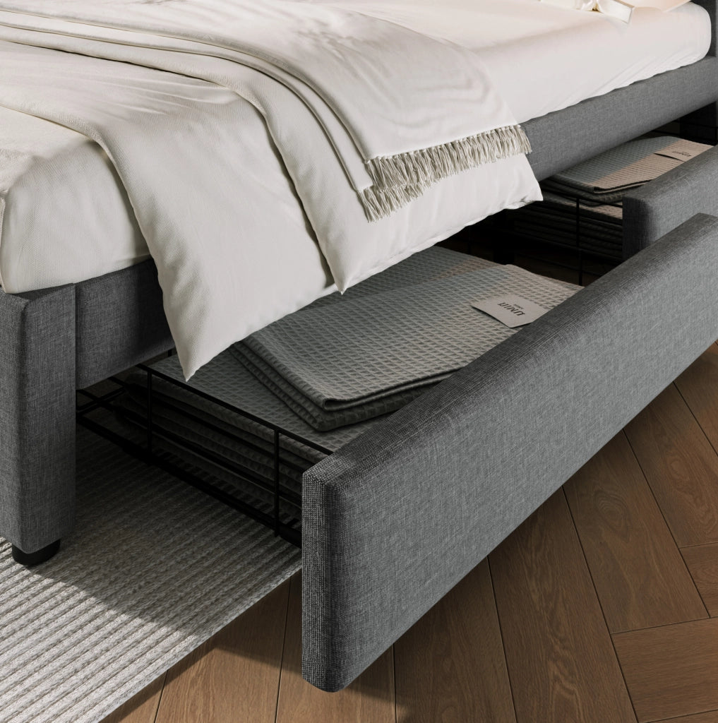 Letto imbottito 140x200 cm grigio con cassetti e prese USB-C
