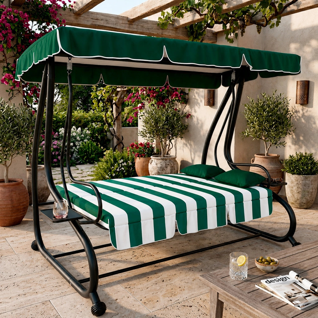 Dondolo Da Giardino 3 Posti Schienale Regolabile Tetto Ombreggiante Cuscinatura Comfort Imbottita Convertibile In Letto Per Esterno Balcone Patio 200 x 120 x 160 Cm Verde E Bianco