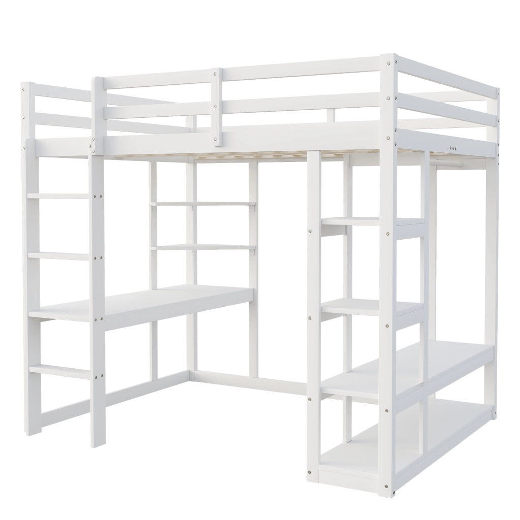 OKWISH Letto a soppalco 140×200 cm, Letto Matrimoniale con Scrivania, Mensole e Appendiabiti, senza Materasso, in Legno, Bianco