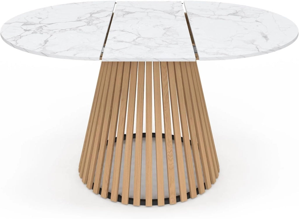 Tavolo da Pranzo Allungabile Rotondo Carmen 4-8 Persone, Piedi in Legno di Larice e Piano in Marmo Bianco Alaska 110-150 cm