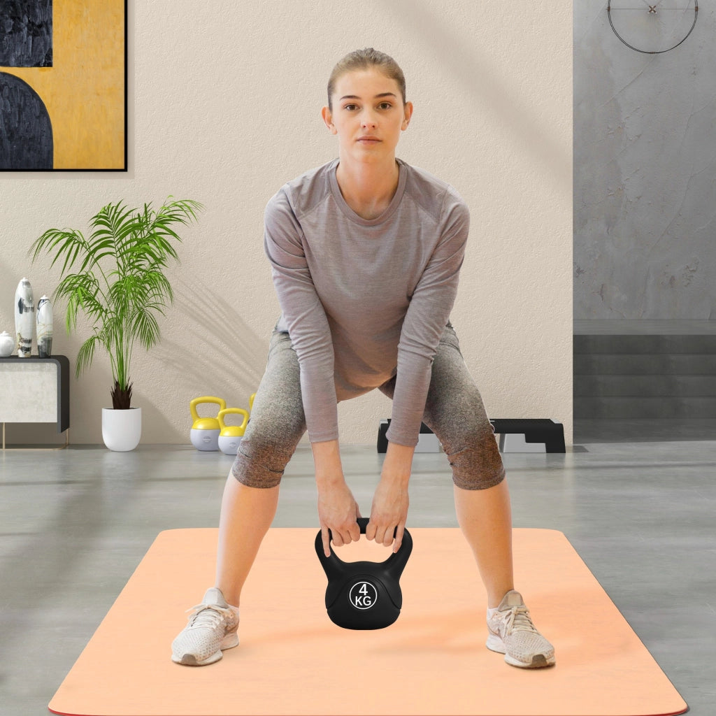 Kettlebell 4kg in Plastica e Sabbia con Base Piatta, Manubrio Ergonomico per Allenamento a Casa, 18x12x20 cm, Nero