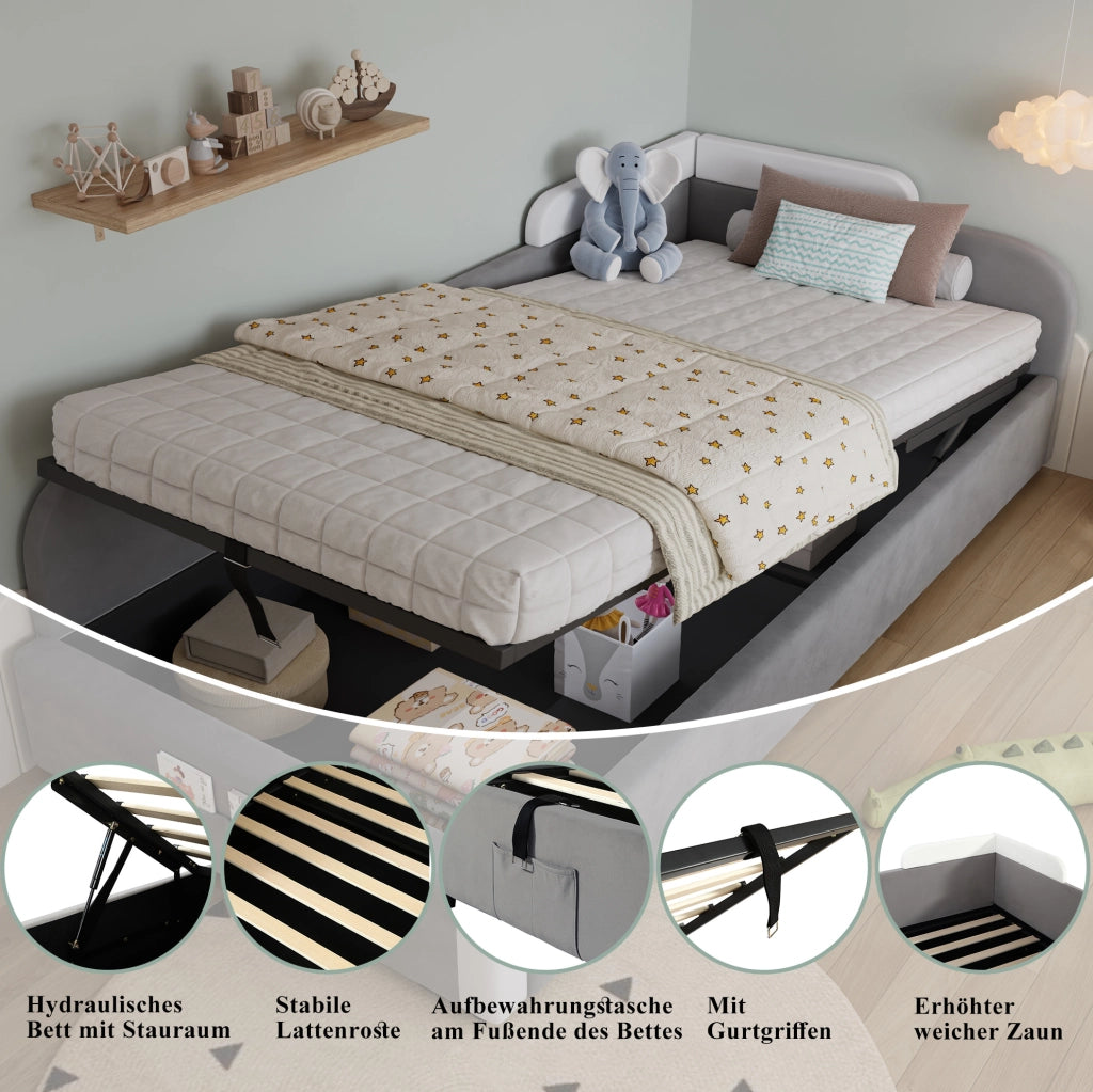 Letto imbottito per bambino con vano contenitore e sponde morbide