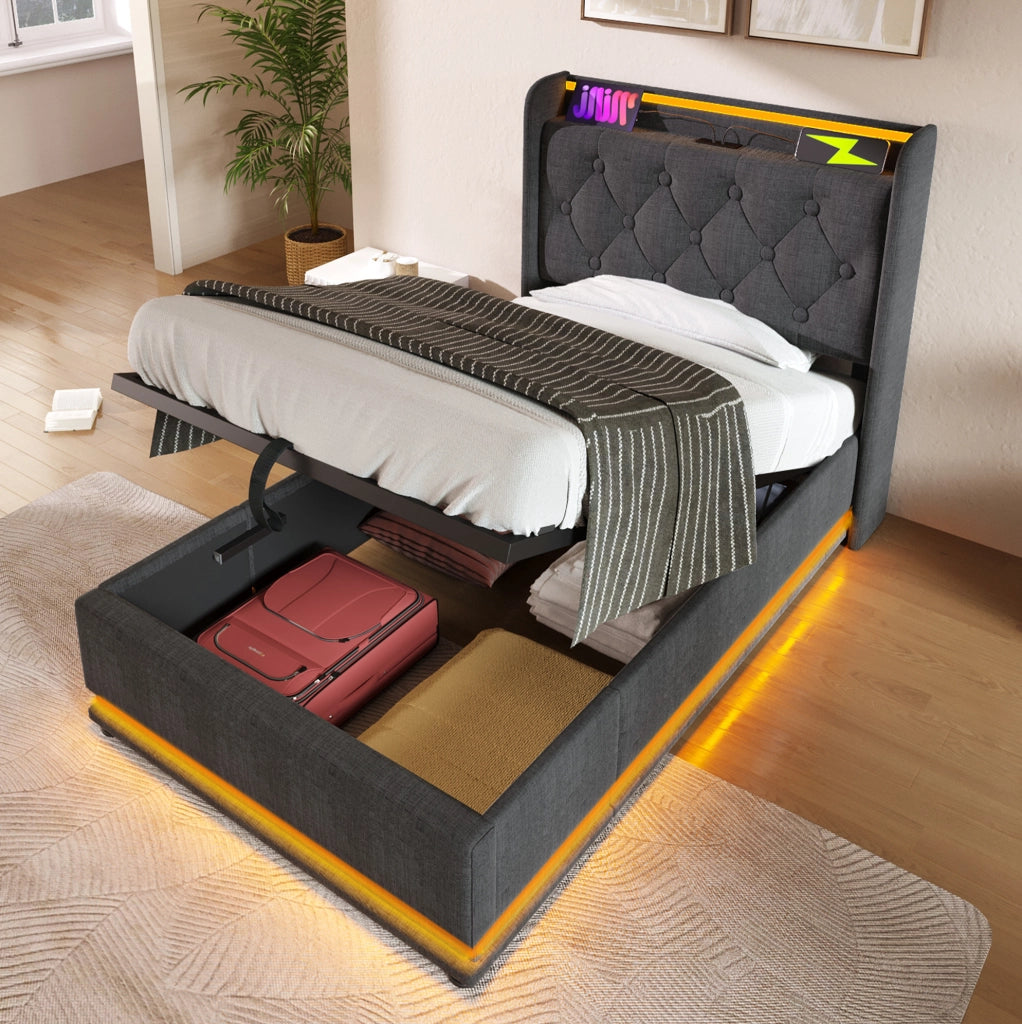 Letto singolo 90x200 cm in lino grigio con LED 360掳; USB e contenitore idraulico