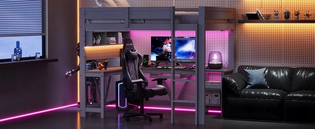 Letto gaming con scrivania LED - Xylo - 90x200 - Grigio
