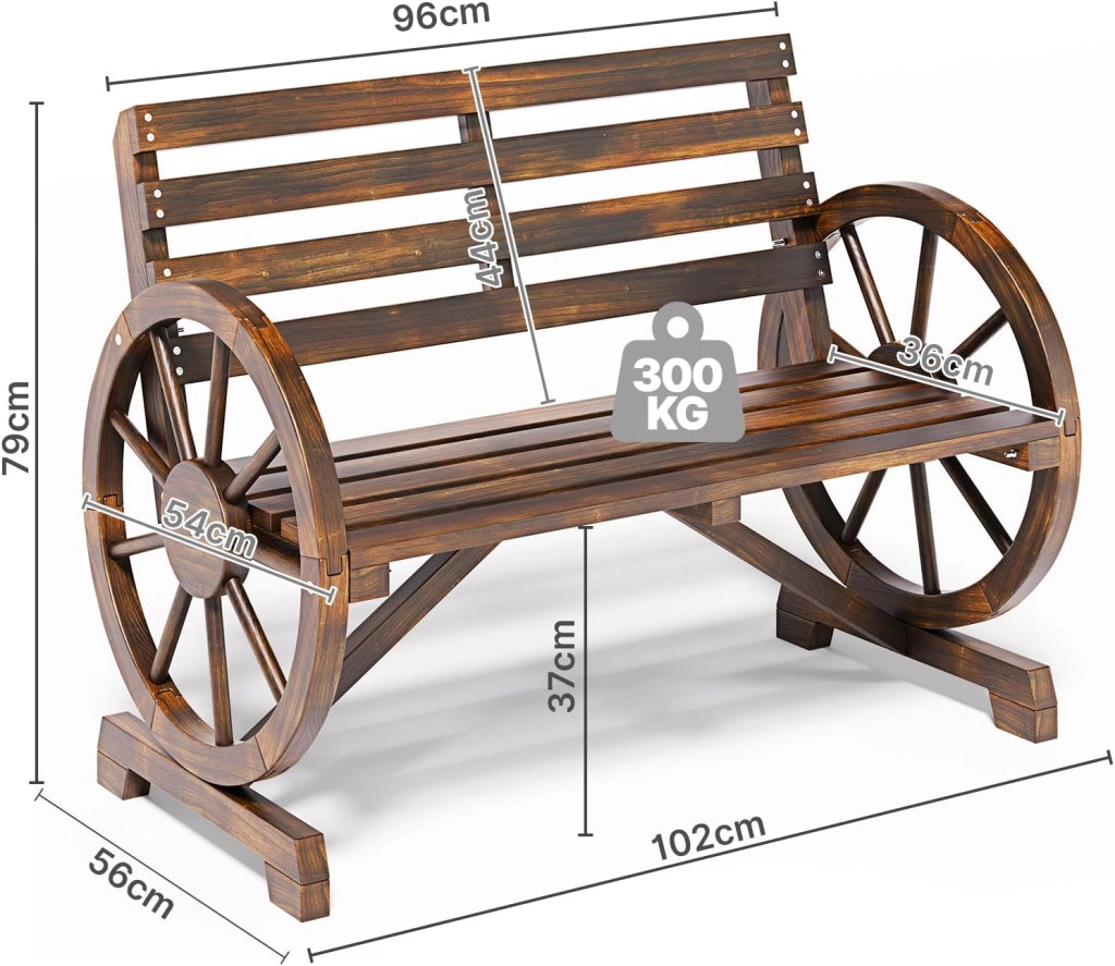 Panca da esterno a 2 posti, resistente alle intemperie, con braccioli a forma di ruota, in legno con schienale, in stile country, per patio, giardino, parco, 105.5 x 56 x 79 cm.