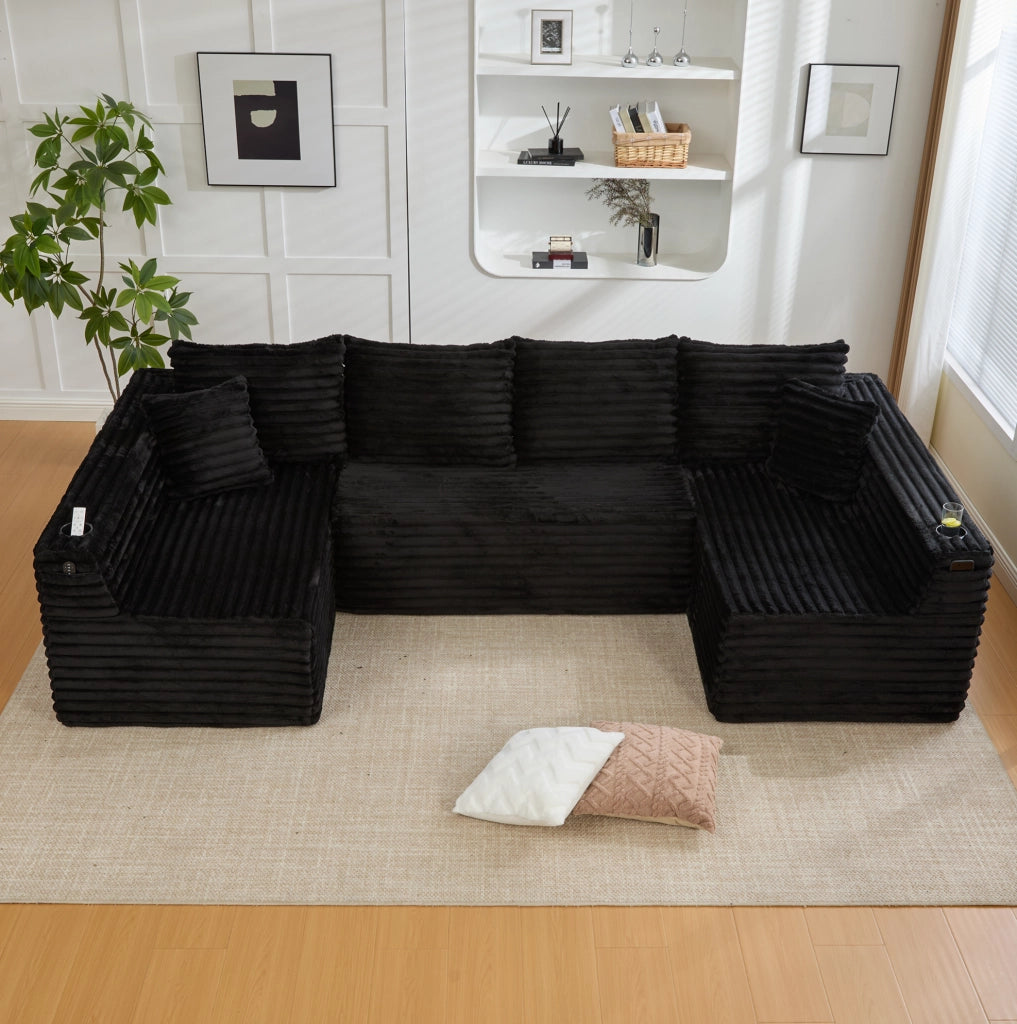 Divano modulare a U in velluto a coste nero con portabevande e tasca laterale; 320×155×88 cm