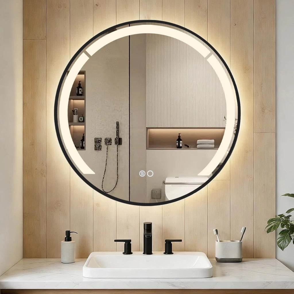 Specchio da Bagno LED Rotondo da 60 Cm, Specchio da Toeletta con Cornice in Alluminio, Funzione Antifog, 3 Colori di Luce e Luminosità Regolabile, Specchio Smart da Montare a Parete