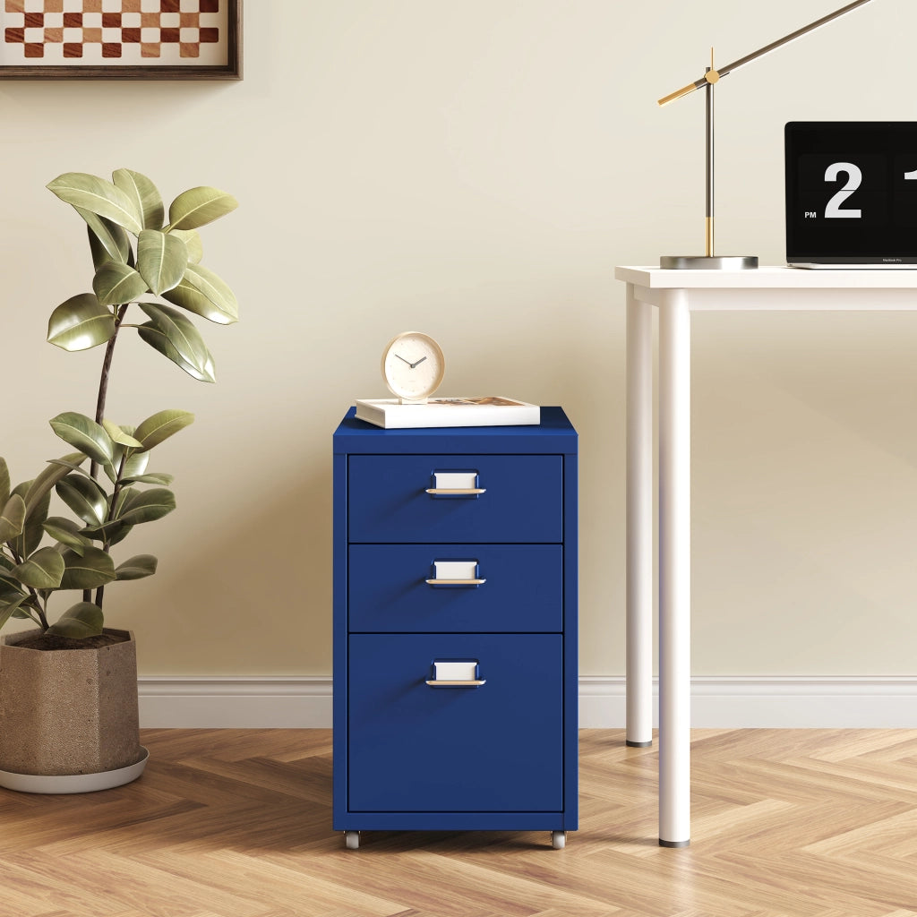 Cassettiera Kökar in Acciaio Mobile Archivio con 3 Cassetti e Rotelle - Blu [en.casa]