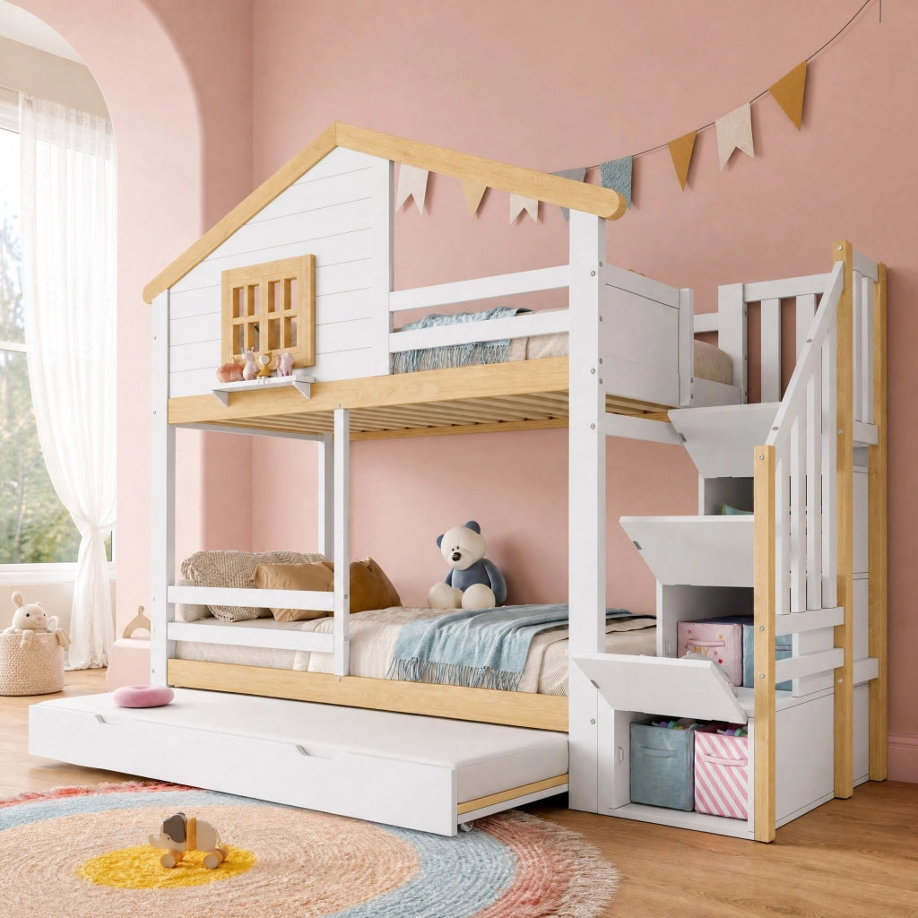 Letto a castello 90x200 con letto estraibile e scala contenitore