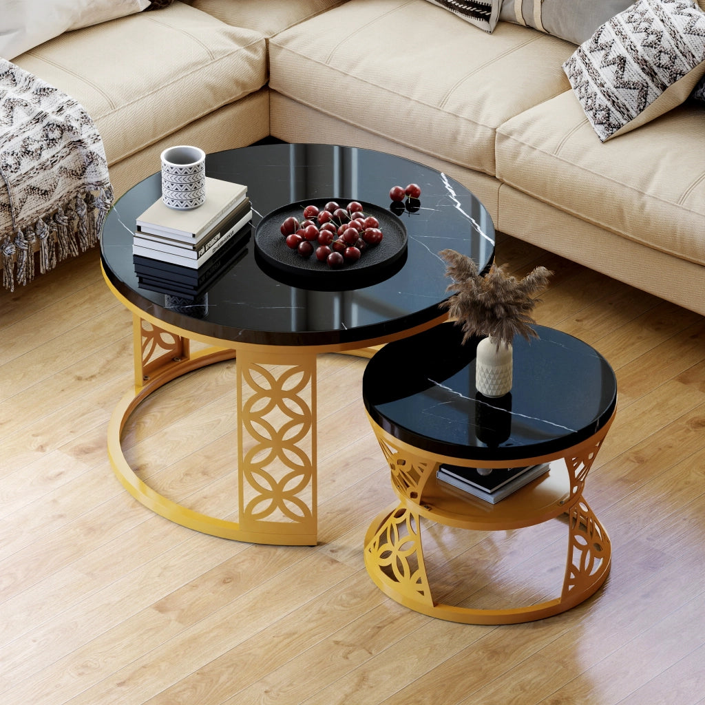 TAVOLINO DA CAFFÈ Set 2 Pezzi 70x70x45 cm Piano Nero Effetto Marmo con Struttura Color Oro