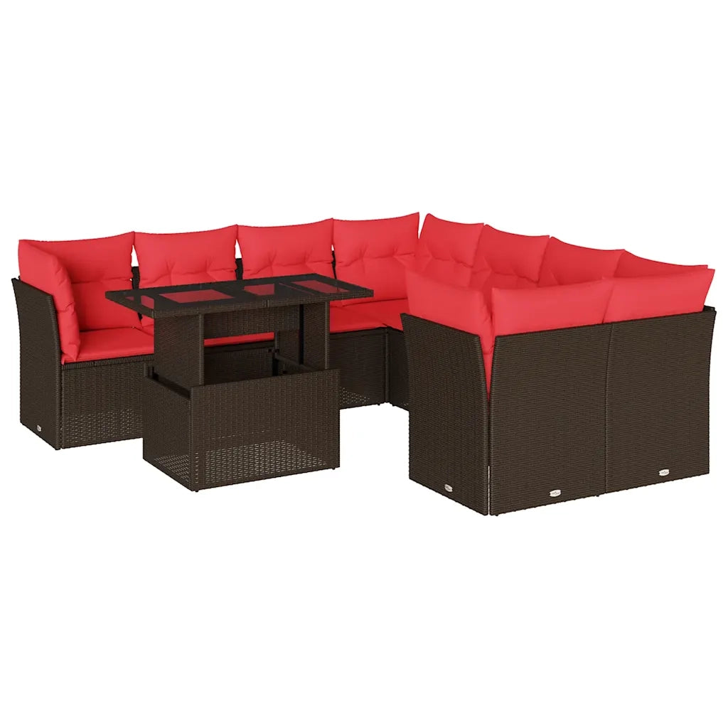 Set Divani da Giardino 9 pz con Cuscini Marrone in Polyrattan 3266434