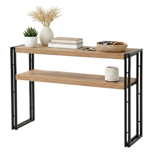 Consolle Basilicata, Tavolo multiuso, Mobiletto d'appoggio, Scrivania da corridoio, 140x35h80 cm, Quercia e Nero