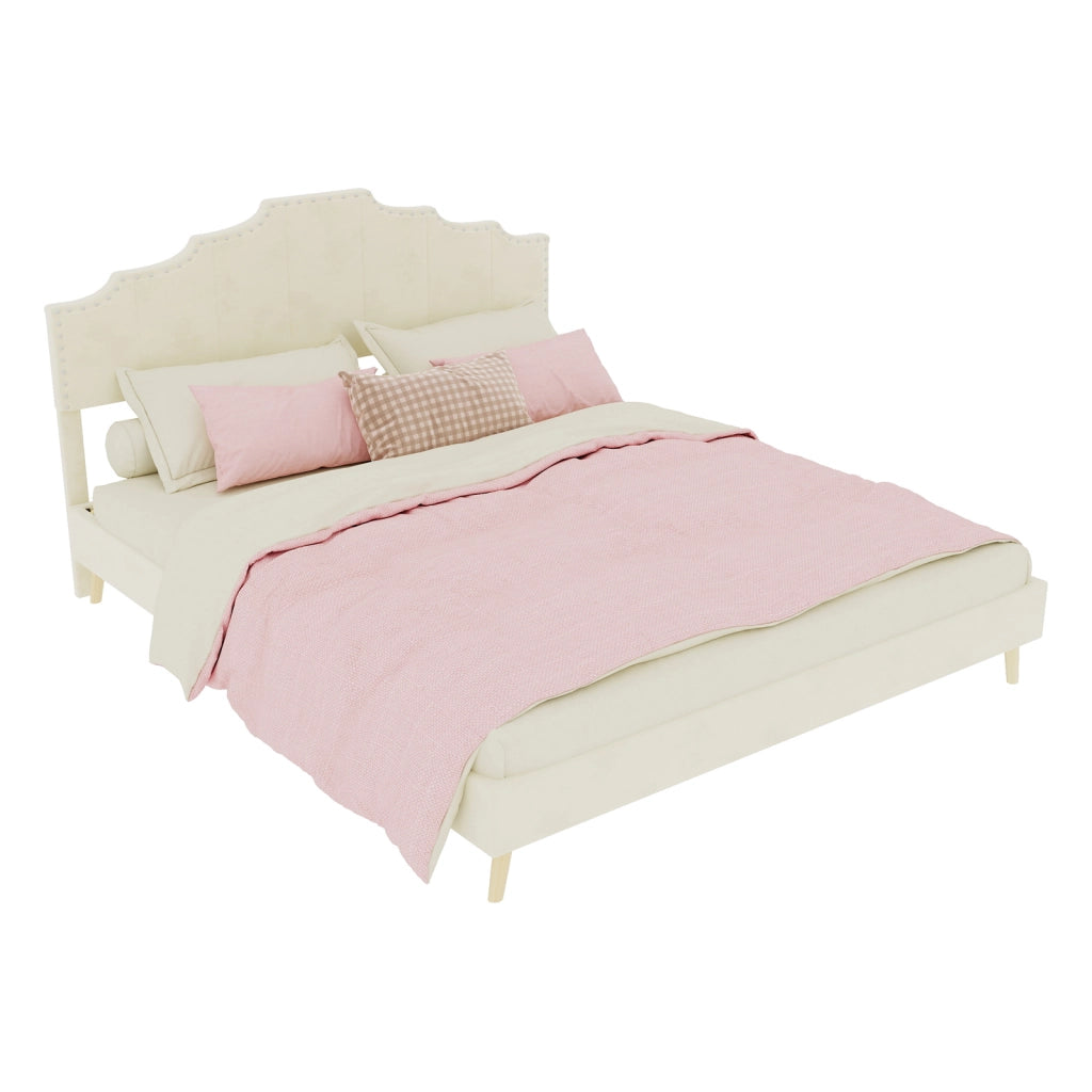 Letto imbottito 160 × 200 cm con testiera geometrica e borchie; rete a doghe; rivestimento in tessuto beige