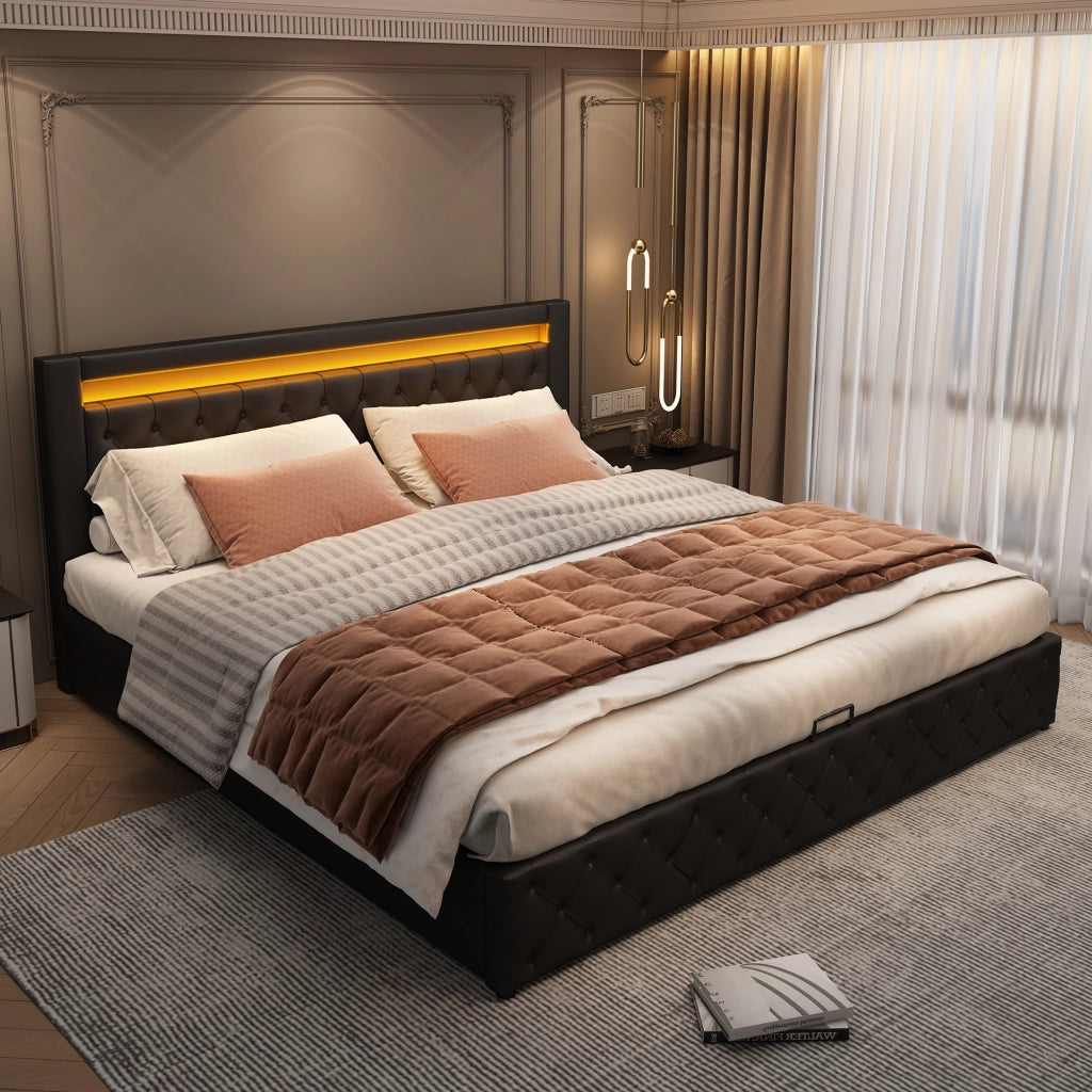 OKWISH Letto contenitore 160×200 cm, Letto Matrimoniale con LED Regolabile, Vano Contenitore, senza Materasso, in PU, Nero
