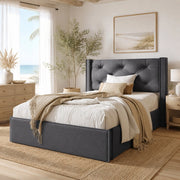 Letto singolo imbottito 90x200 cm con contenitore; sollevamento idraulico; grigio