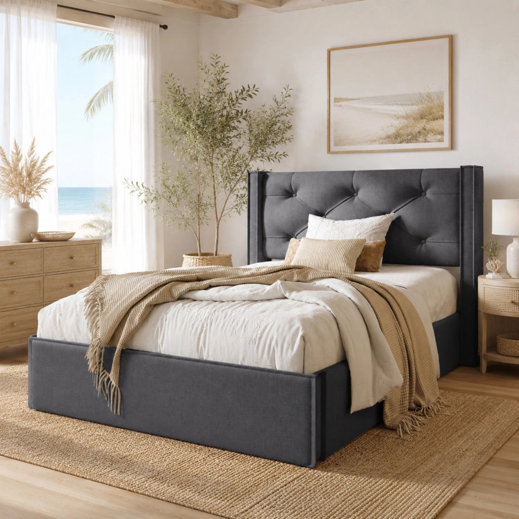 Letto singolo imbottito 90x200 cm con contenitore; sollevamento idraulico; grigio