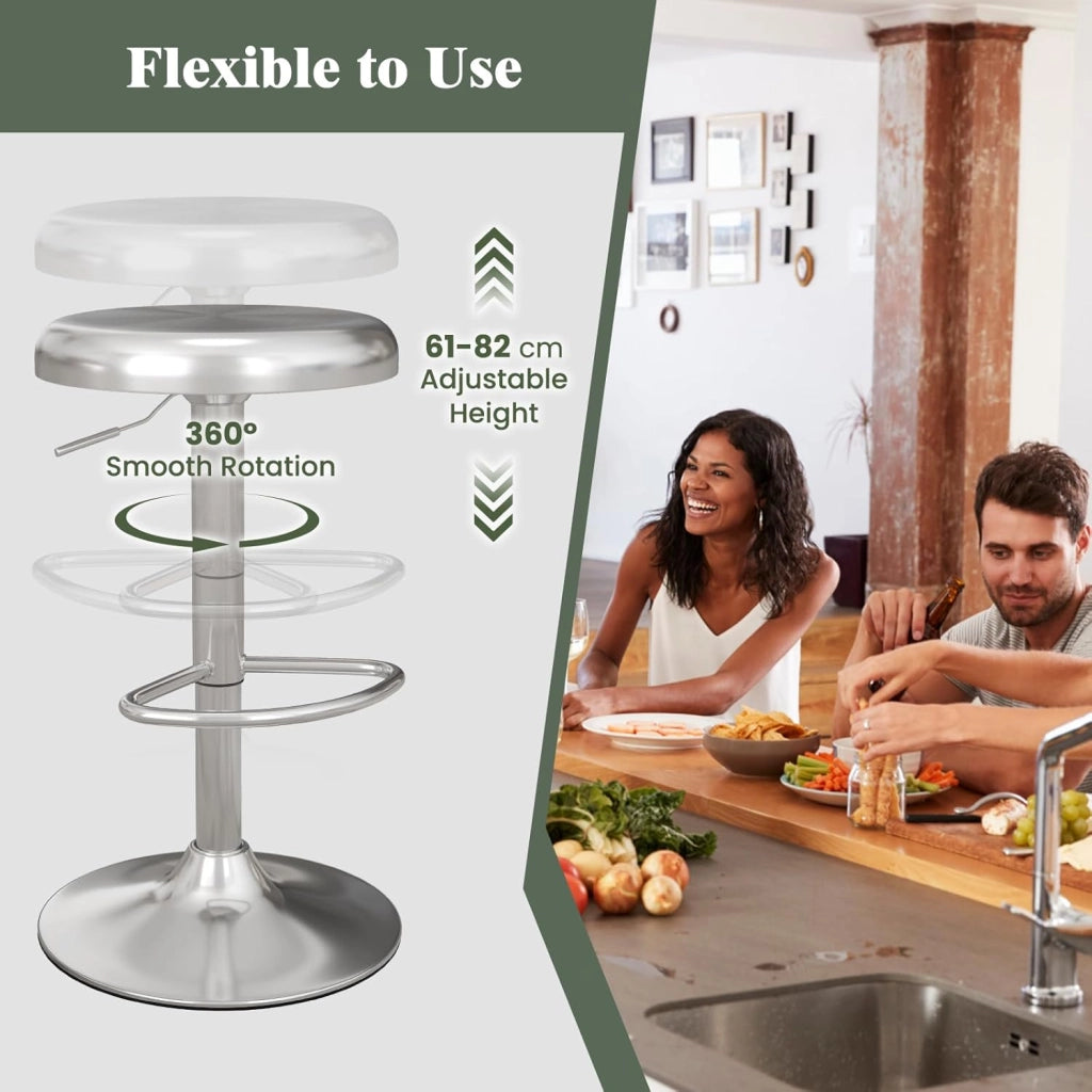 Set di 2 sgabelli da bar regolabili in altezza 61-82 cm, sedia da bar girevole a 360° con poggiapiedi, sgabello rotondo in acciaio inox, sgabello da cucina per bar, caffetteria, cucina
