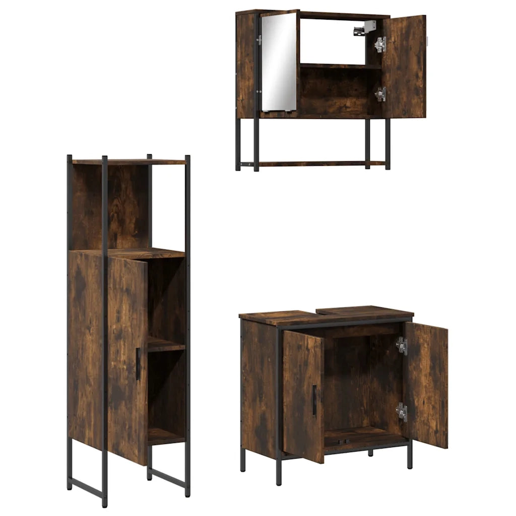 Set Mobili da Bagno | Armadio da bagno 3 pz Rovere Fumo in Legno Multistrato