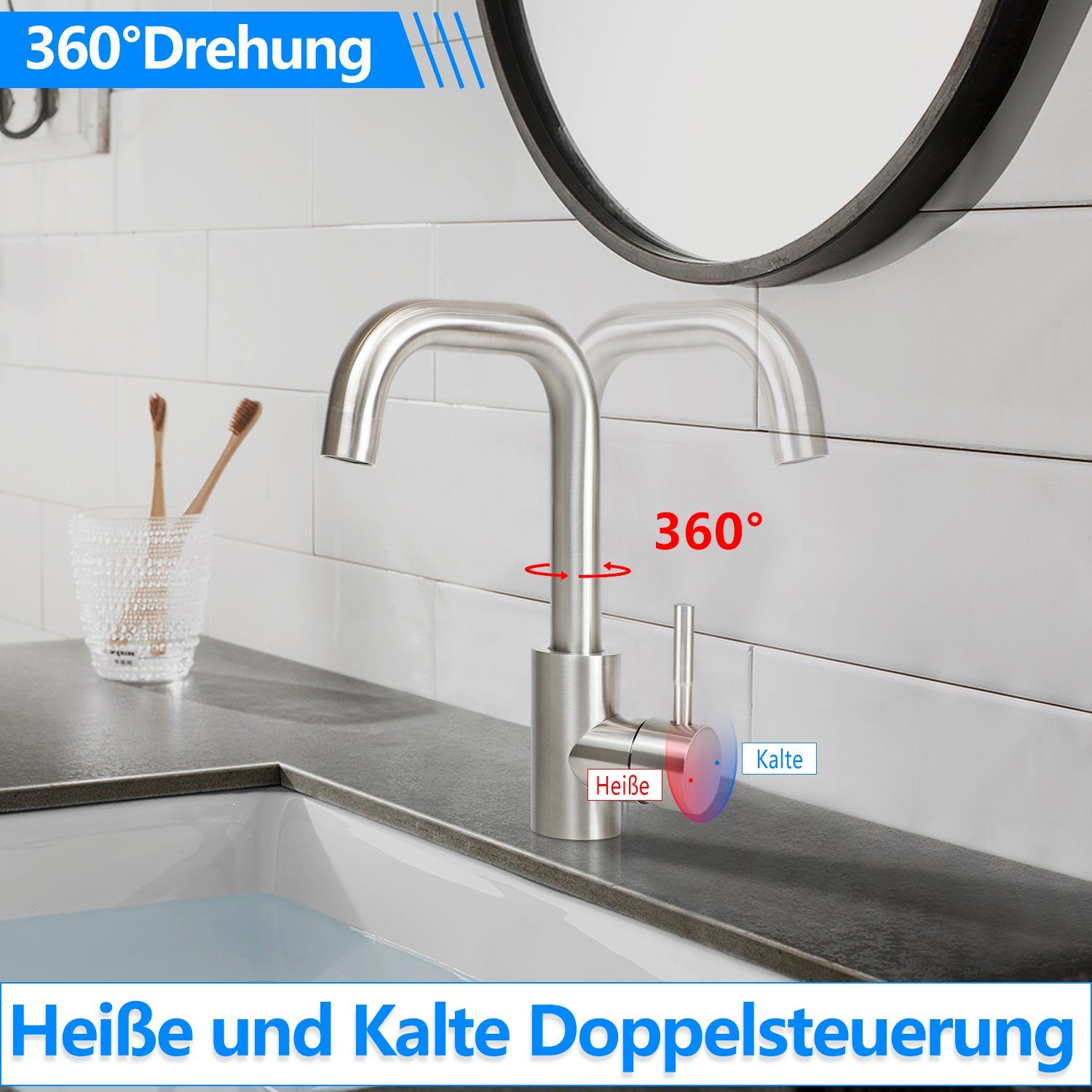 ZMH Rubinetto da Lavabo Acciaio Inossidabile Giro 360° Acqua Calda Fredda Alta Pressione Silenzioso