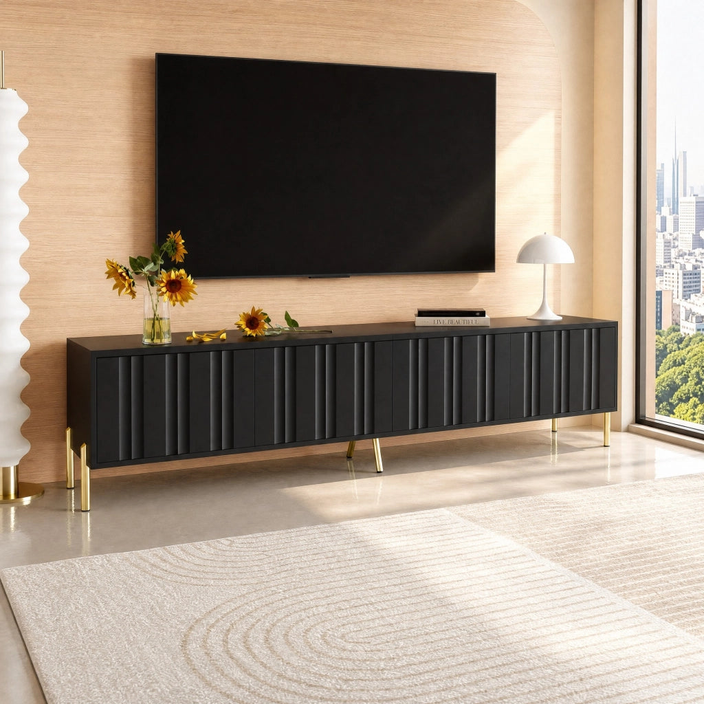 Mobile TV nero 190 cm con 4 ante; ripiani interni e gambe dorate