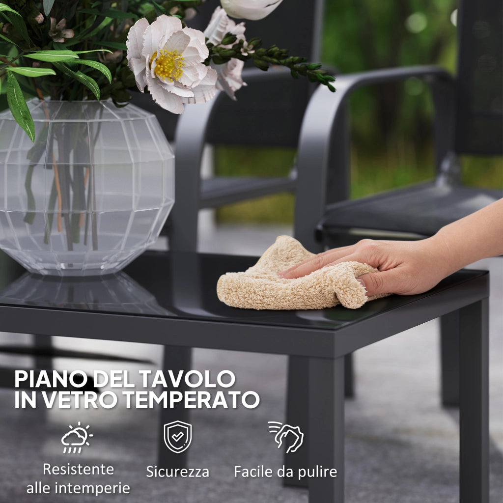 Set da Giardino 4 Pezzi con Divano 2 Sedie e Tavolino Basso con Piano in Vetro Rivestimento in Textilene Nero