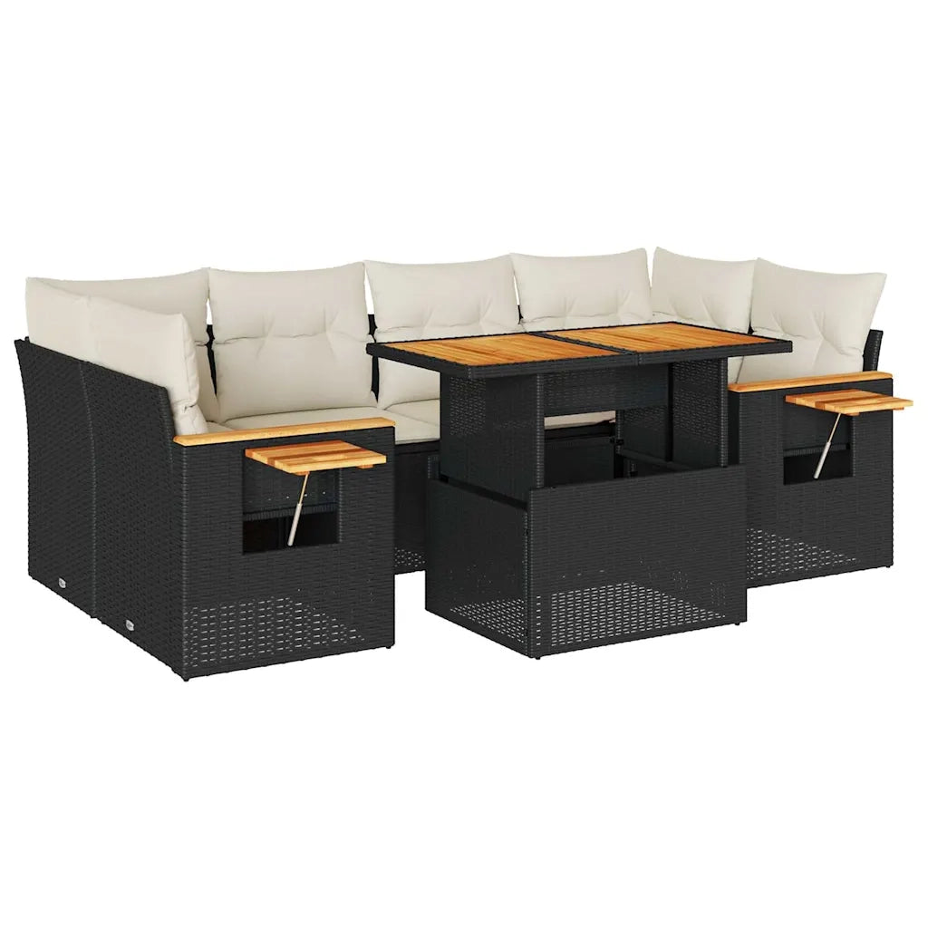 Set Divani da Giardino con Cuscini 7pz Nero Polyrattan Acacia