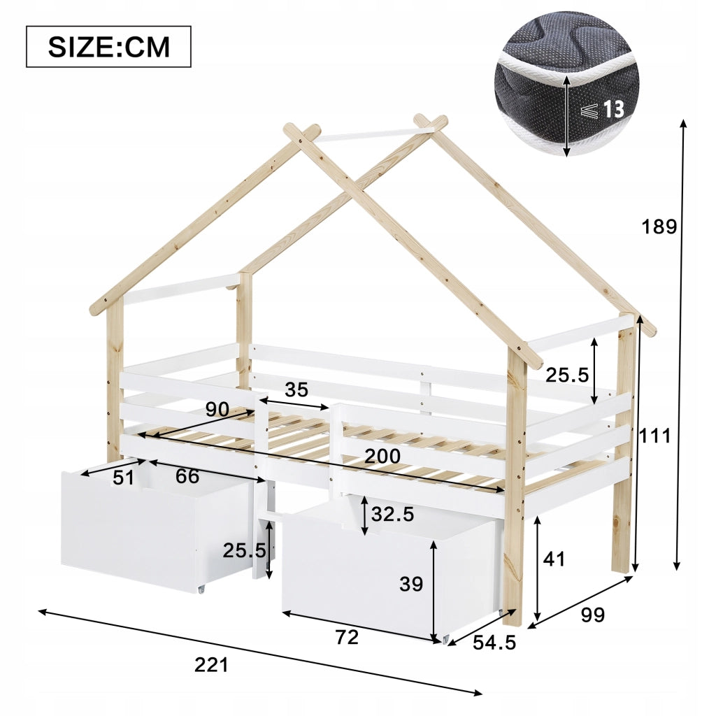 Letto a castello per bambini 90x200 - Xylo - Con tetto, scaletta, cassetti