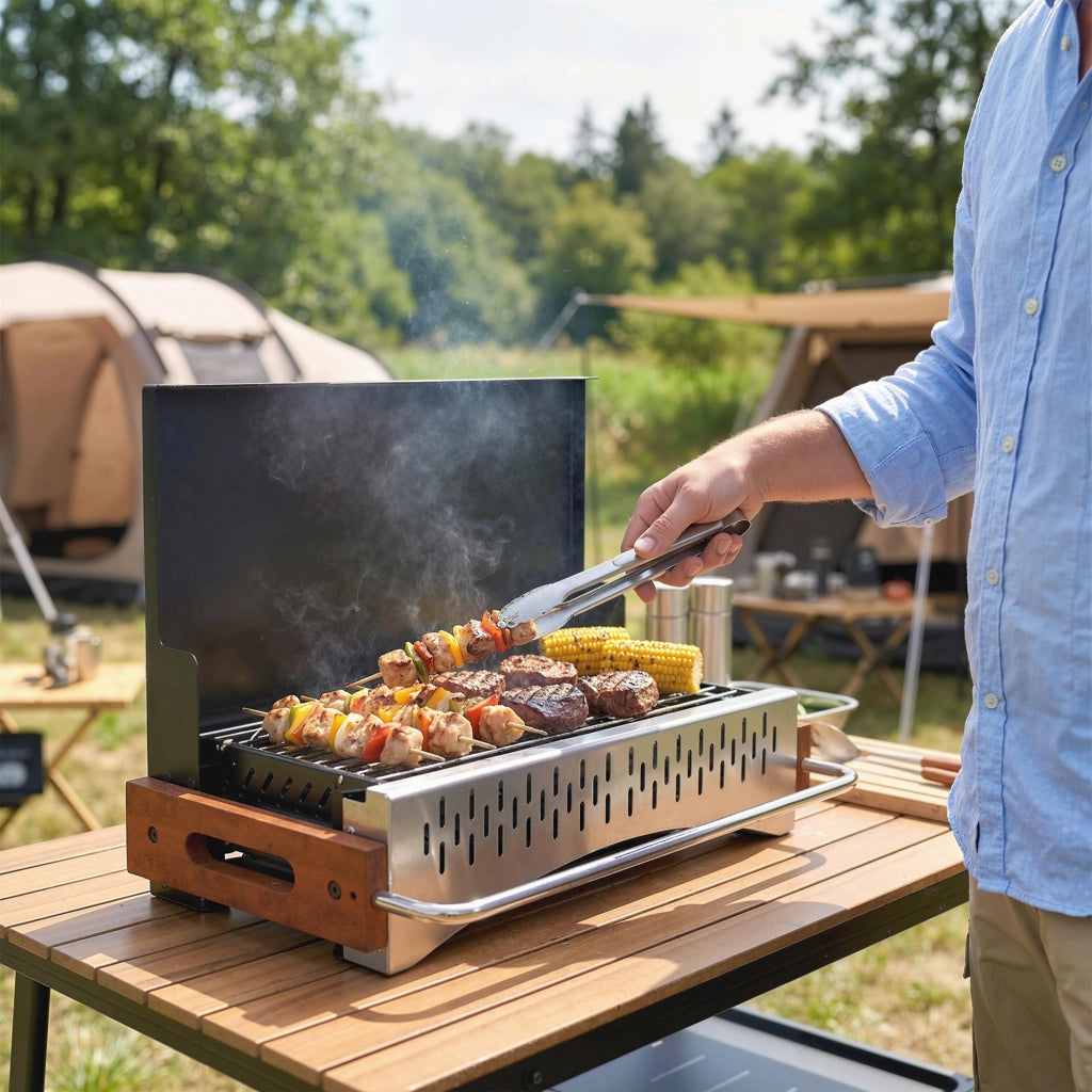 Barbecue Portatile a Carbone con Vaschetta Rimovibile, in Acciaio Inox e Metallo, 50.5x34x33 cm, Nero