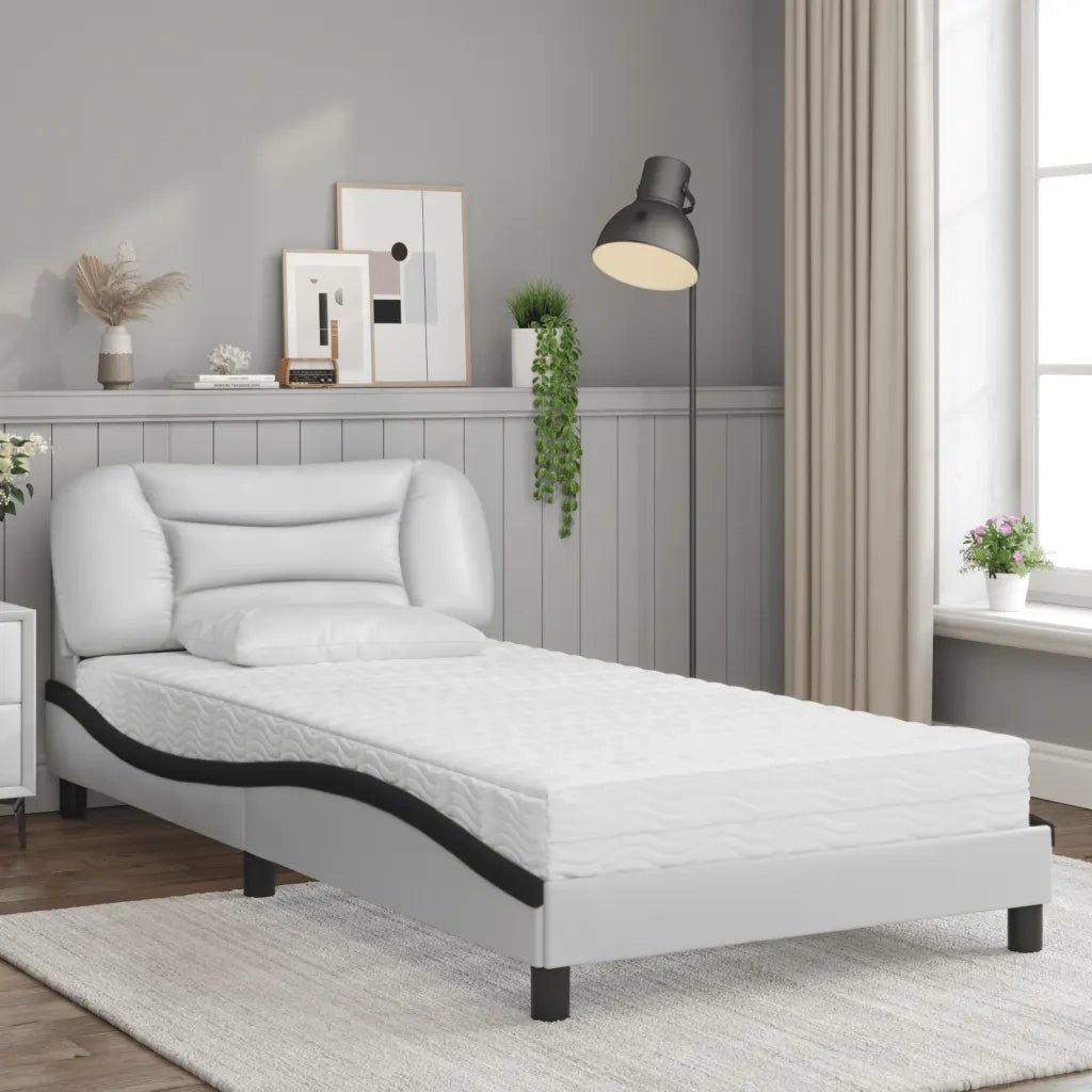 Letto con Materasso-Struttura Letto con Materasso Hvar Bianco e Nero 100x200 cm in Similpelle