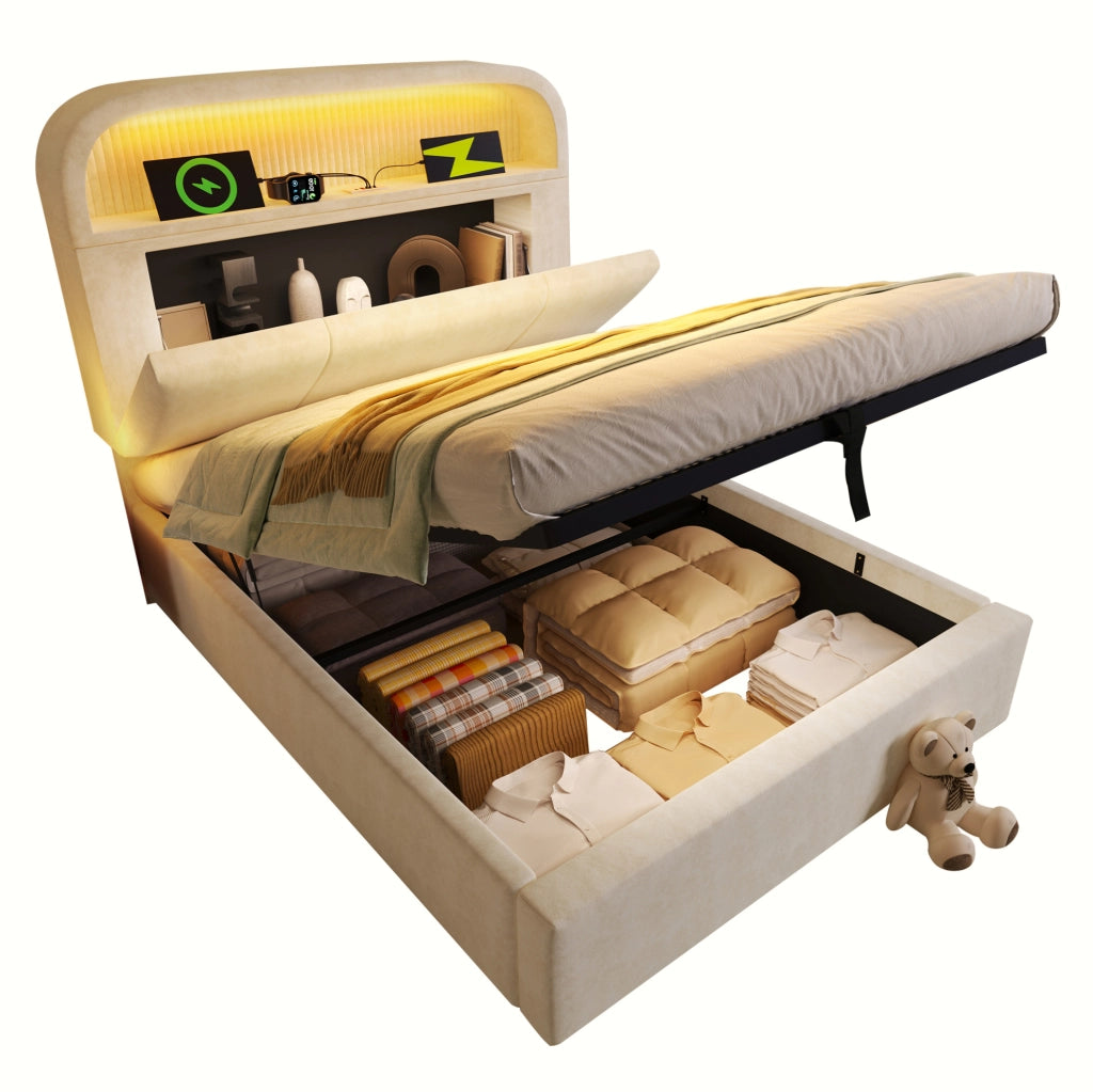 Letto imbottito 90x200 cm con testiera contenitore; LED; USB/Type-C; velluto beige
