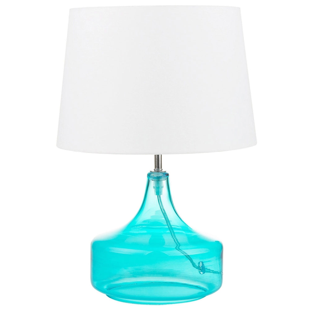 Lampada da Tavolo Turchese e Bianco con Base in Vetro Trasparente Paralume Tamburo in Poliestere Design Moderno