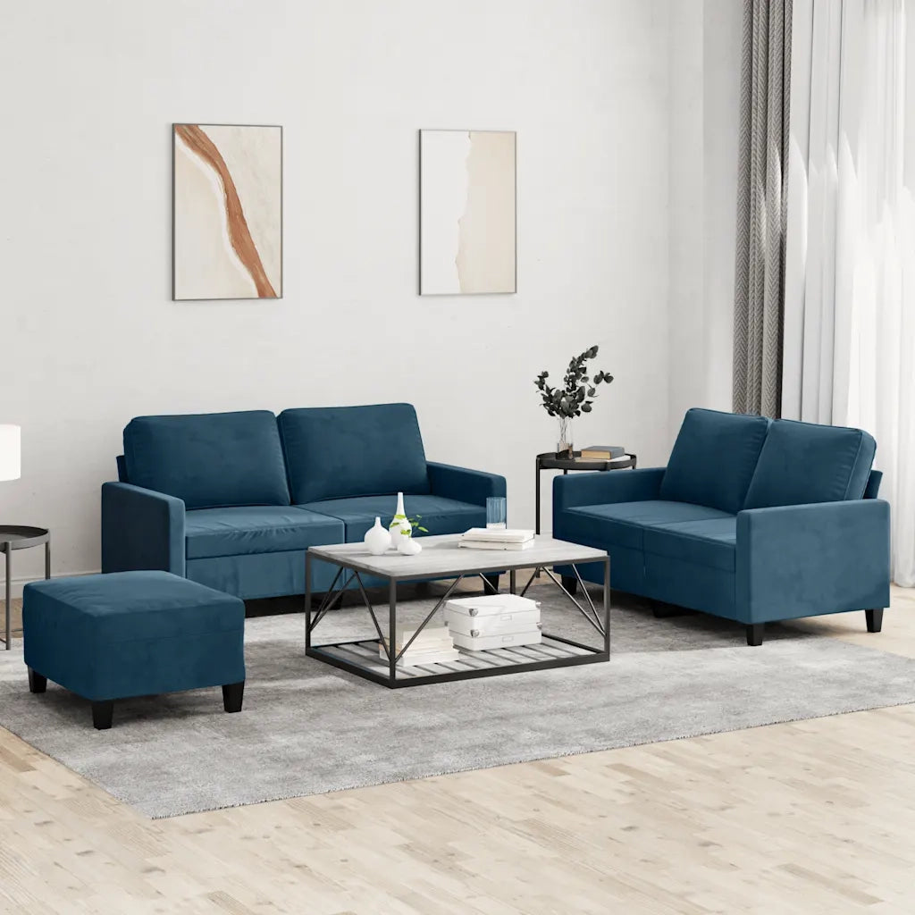 Set di Divani 3 pz con Cuscini Blu in Velluto