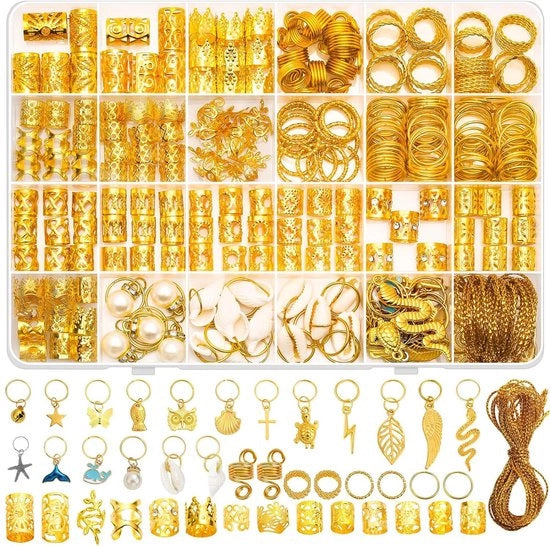 285 pezzi di accessori per capelli in oro per trecce, accessori per dreadlock in oro con attacchi e perline, decorazioni per capelli a loc: anelli, maniglie, clip e perline per decorazione delle trecce