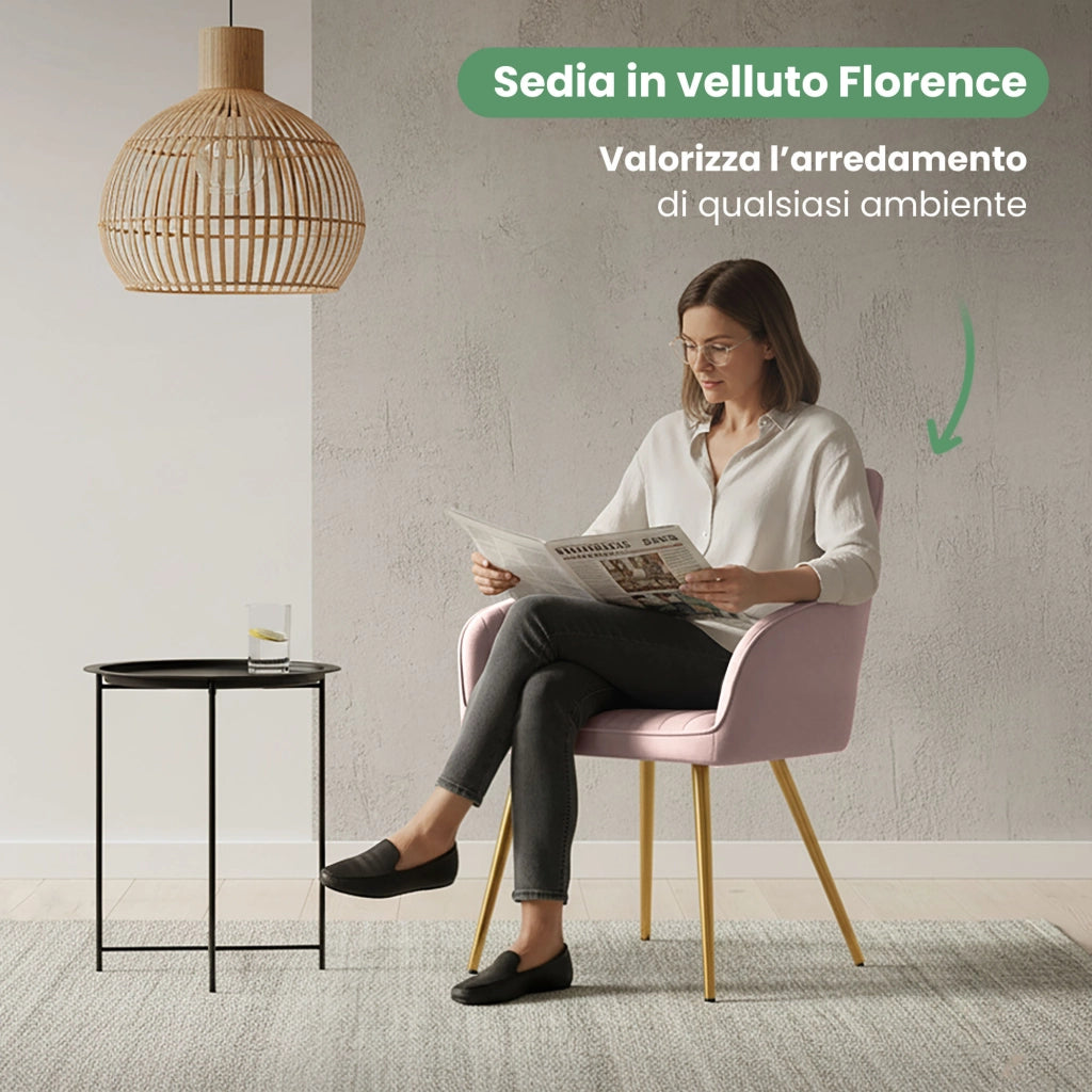 Set di 4 Sedie in velluto con cuciture verticali FLORENCE Rosa Cipria gambe oro