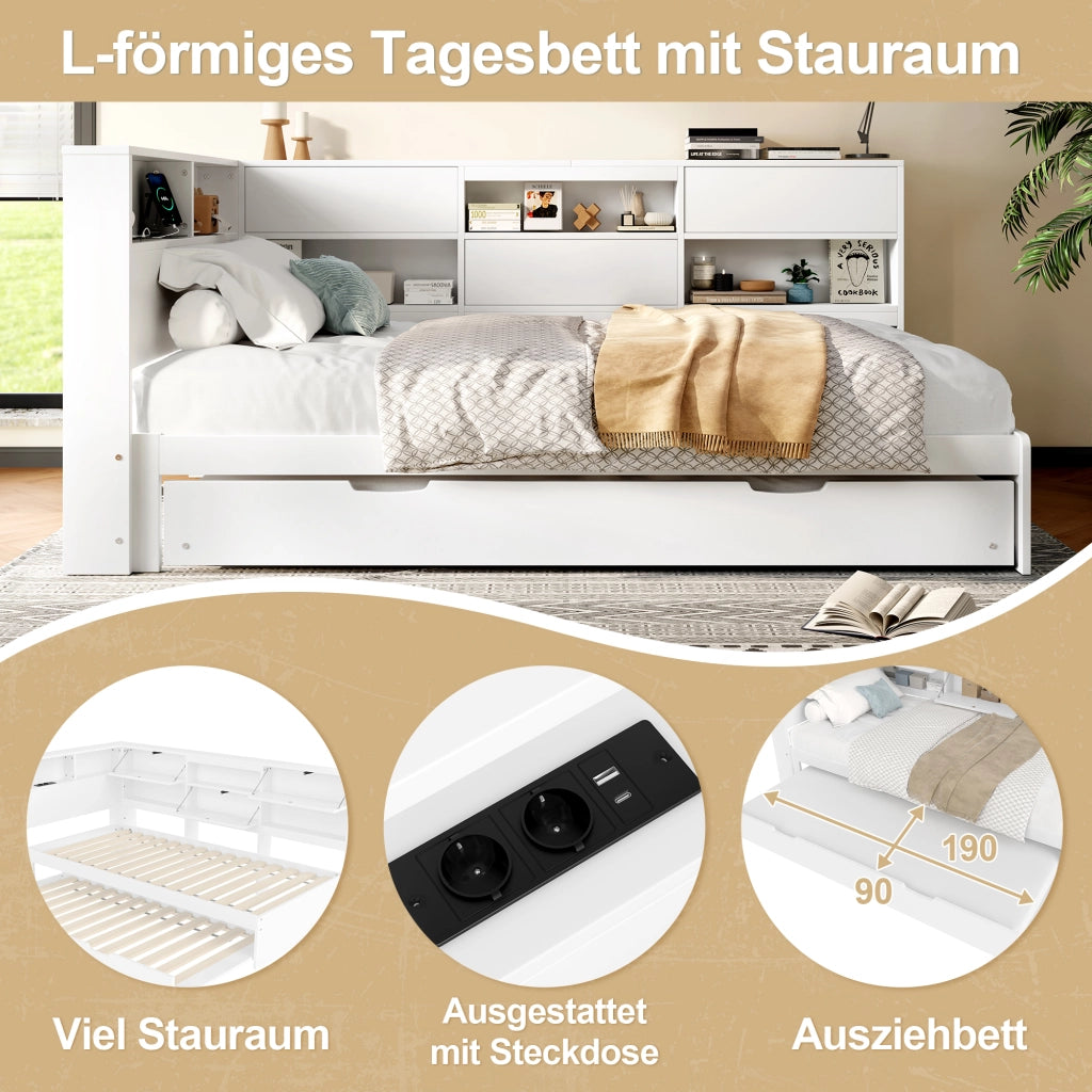 OKWISH Letto a Scomparsa 90×200 cm, Letto Singolo con Letto estraibile, USB, Type C e Contenitore, senza Materasso, Bianco