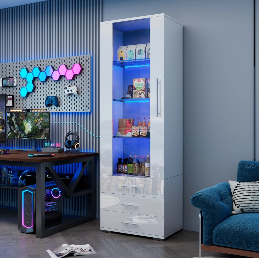 Vetrina bianca lucida con LED, 60x35x180 cm, MDF con porta acrilica e 3 cassetti
