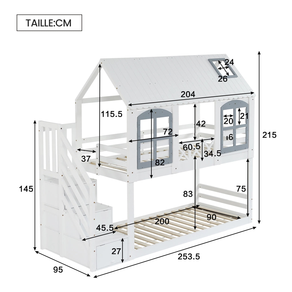 Letto a Castello 90x200 cm con Tetto; Finestre e Scala con 3 Scomparti in Legno e MDF