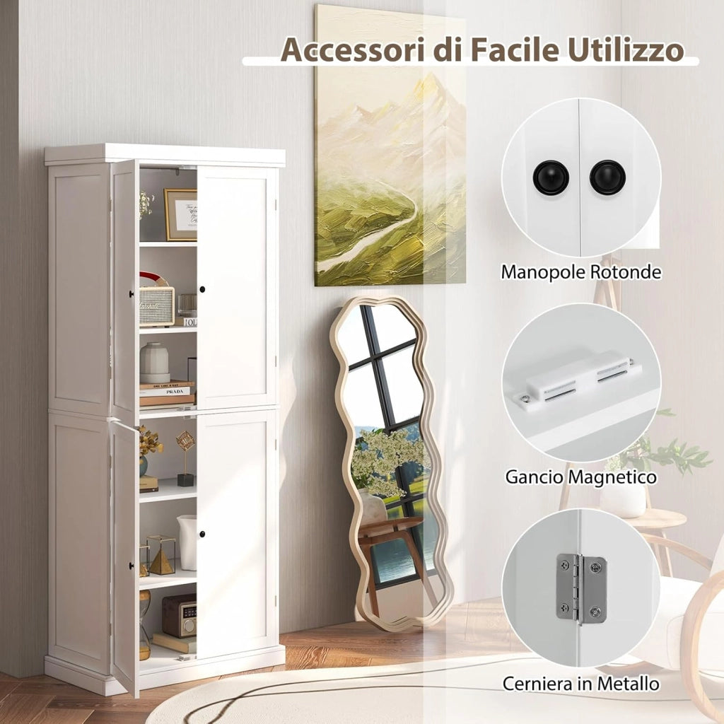 Credenza da Cucina, Mobile da Cucina Moderno con 6 Ripiani, 2 Ripiani Regolabili, per Cucina, Sala da Pranzo e Soggiorno, 76 x 40 x 184,5 cm (Bianco)