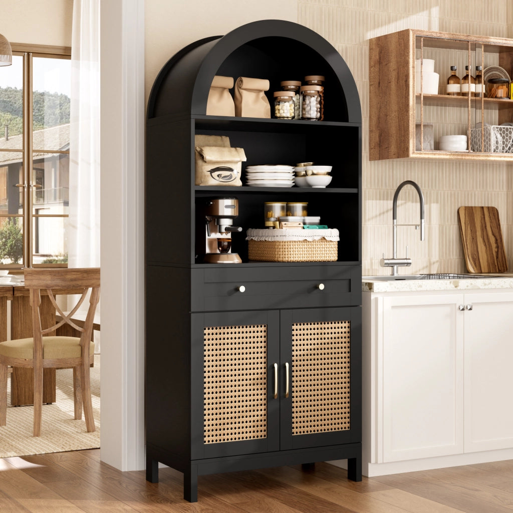 Credenza moderna con 3 vani aperti, 1 cassetto e 2 ante, anti-ribaltamento, per soggiorno, nero, 70 × 40 × 170 cm