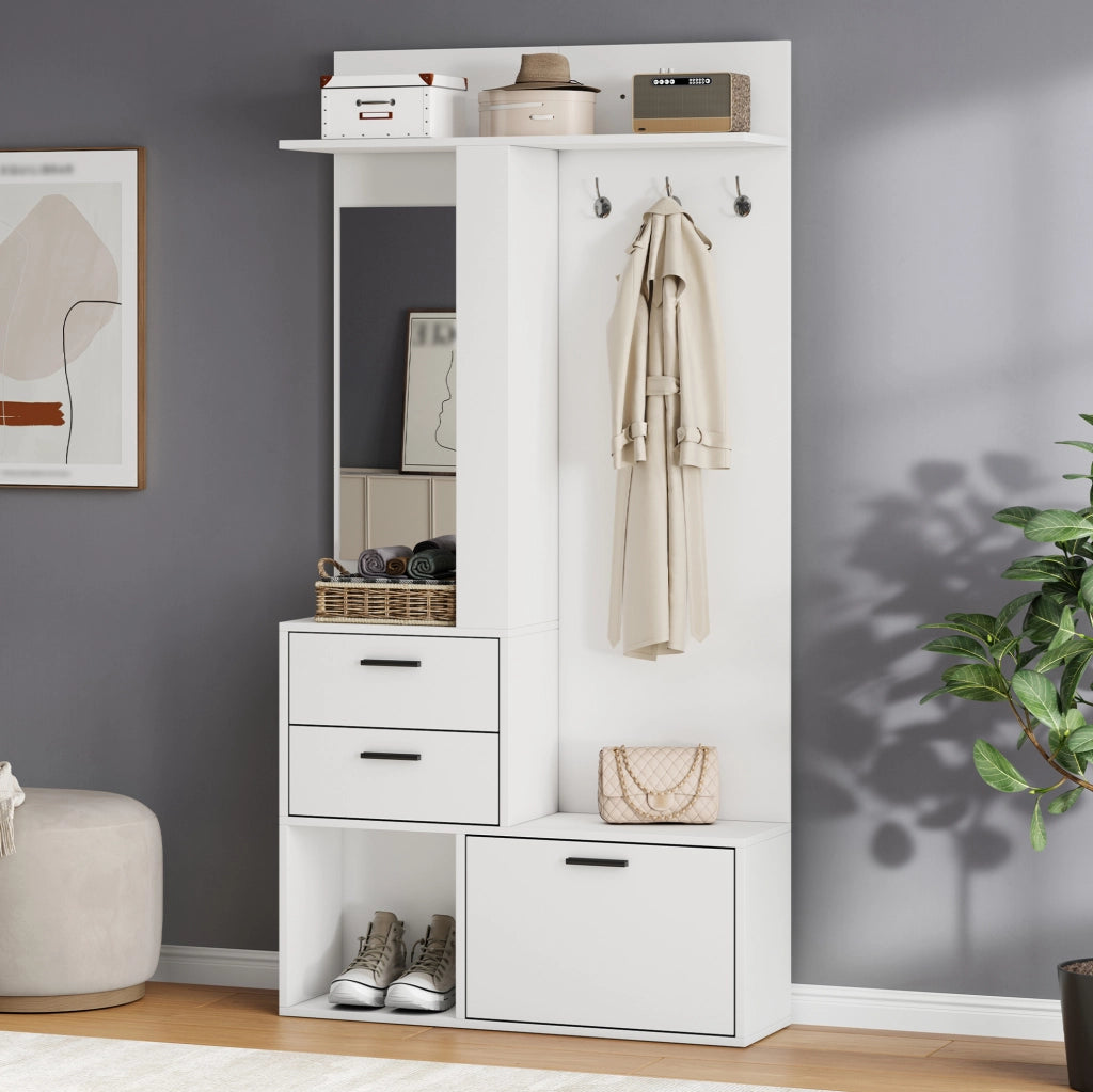 Garderoba 90x30x180 cm con specchio; ripiani pieghevoli e ganci in MDF bianco