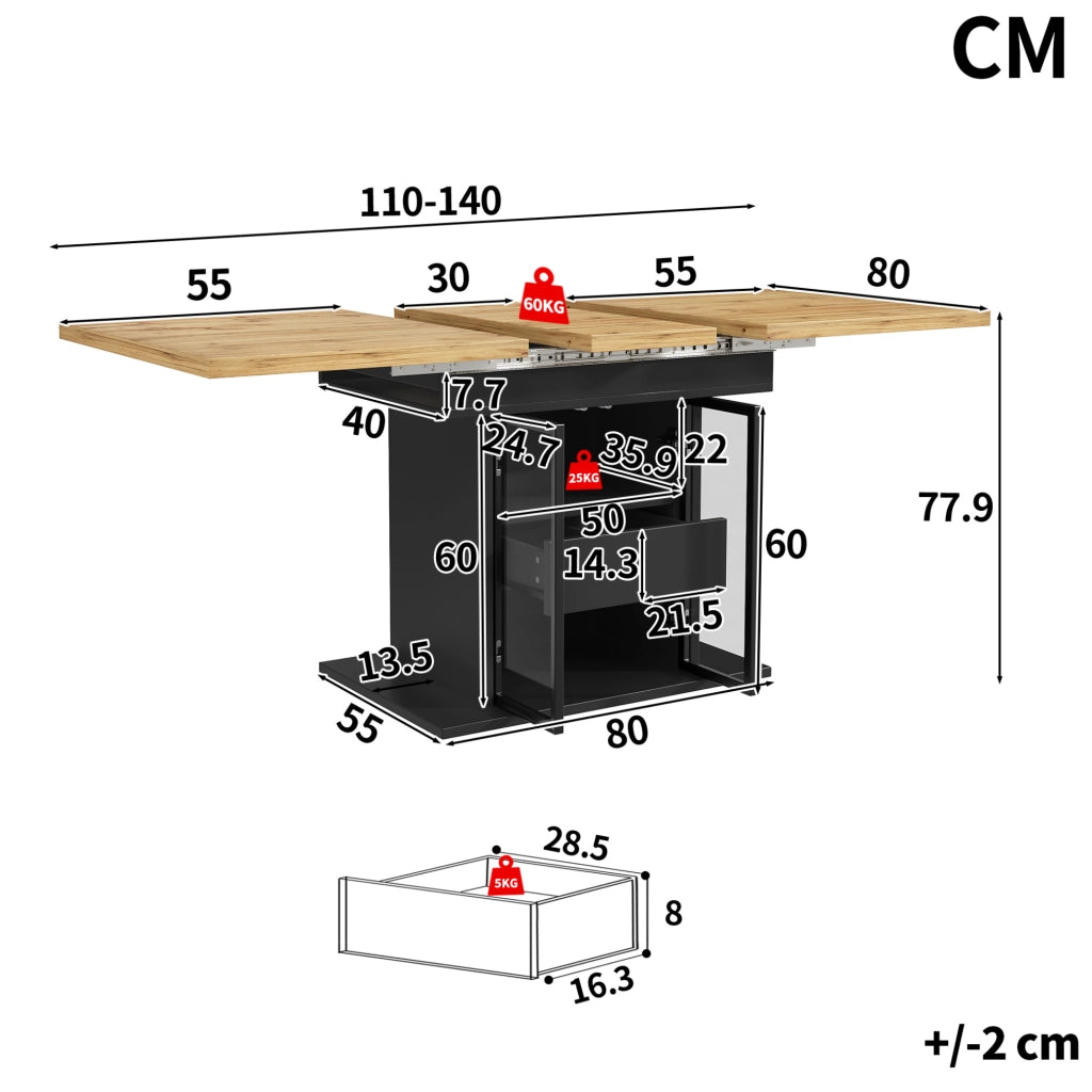 Tavolo da pranzo allungabile 110/140x80x77.9 cm con LED RGB e contenitore; MDF e metallo; nero