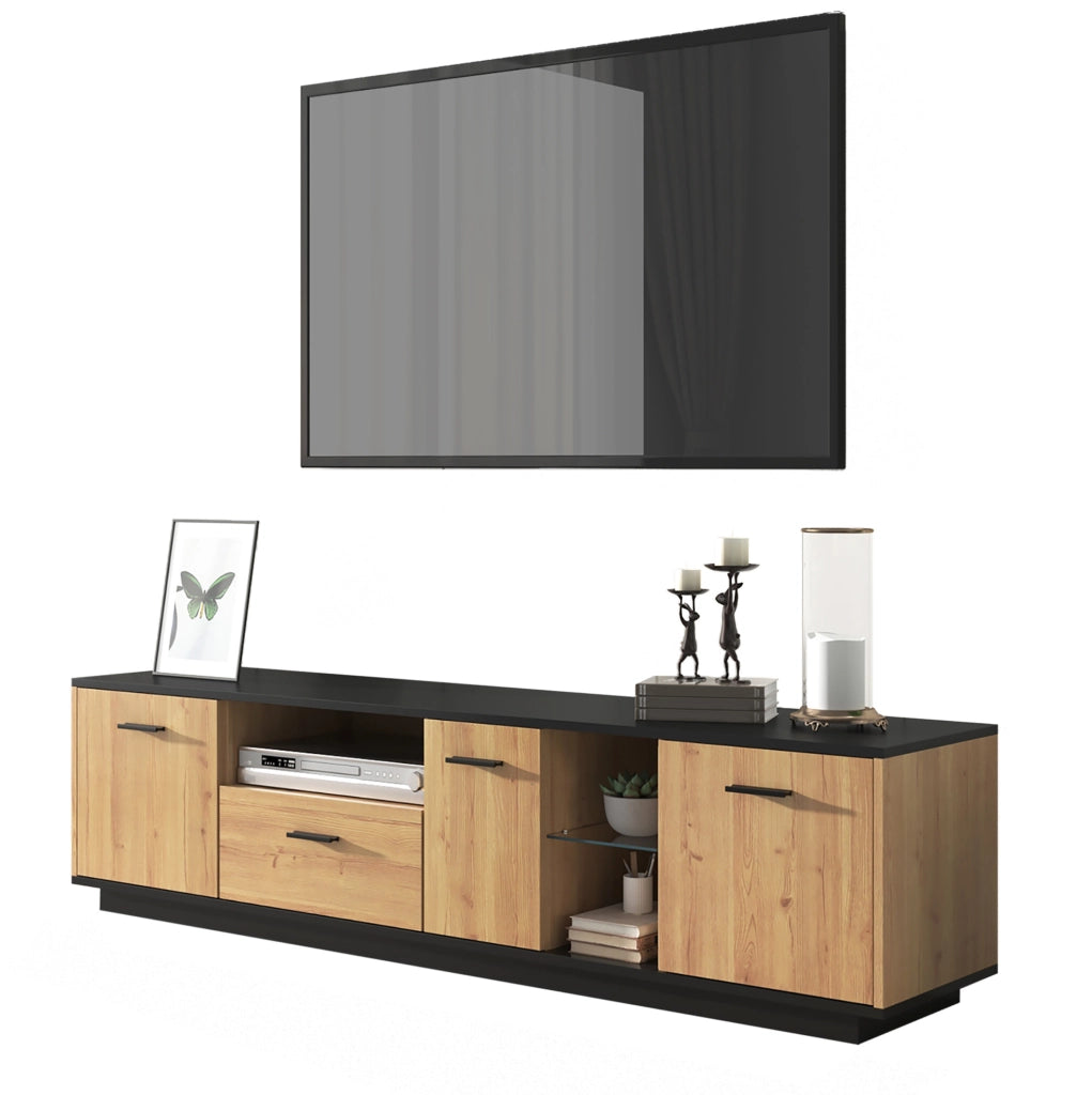 Mobile TV 180 cm nero e legno con LED, 3 ante e cassetto