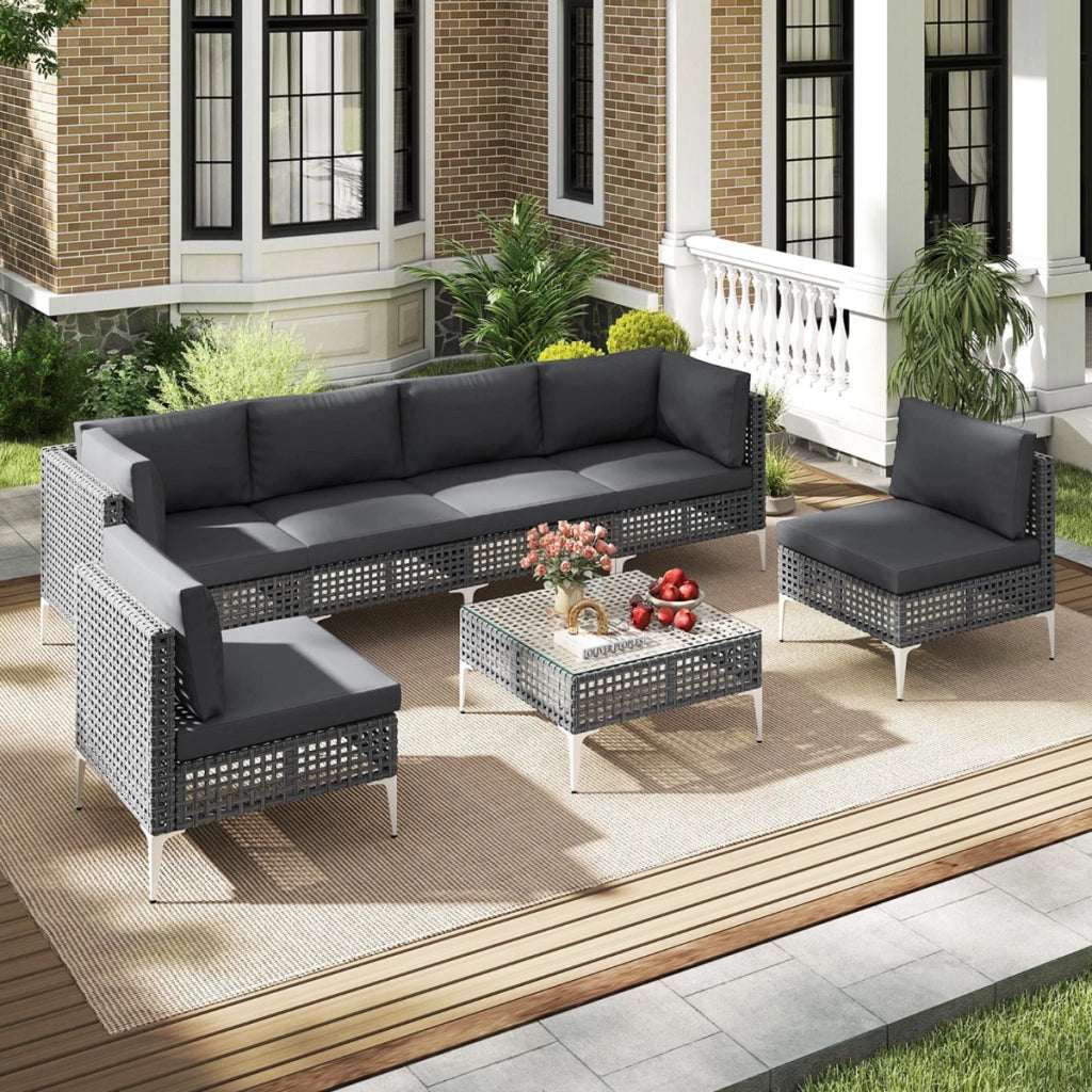 Sedie in rattan per patio con tavolino da gaff¨¨ in vetro temperato per giardino-Set di mobili da esterno 7 pezzi con cuscini Grigio