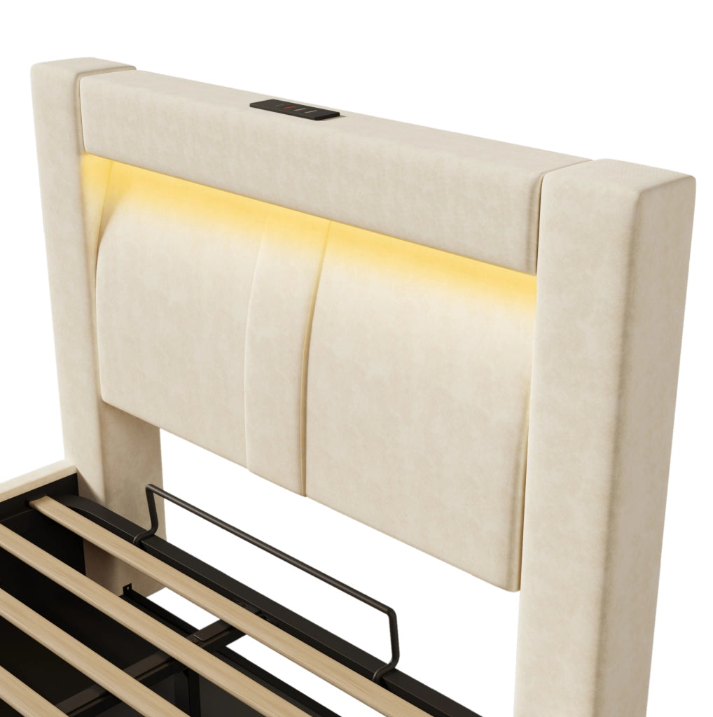 Letto singolo 90x200 cm con contenitore; LED; prese USB e Type-C; velluto beige; con materasso
