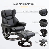 Poltrona Relax con Pouf Poggiapiedi e Funzione Massaggio, Reclinabile a 145° e Girevole a 360°, Nero